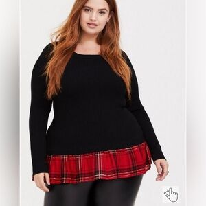 Torrid Black Top with Red Plaid Hem